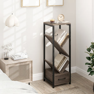 4 Tier Floor Tree Bookshelf with Drawer and Metal Frame-Gray view 3