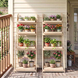 4-Tier Foldable Plant Stand with Slatted Shelves for Garden-Natural view 3