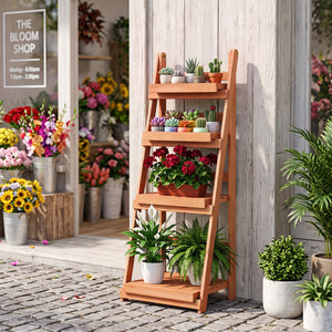 4-Tier Foldable Plant Stand with Slatted Shelves for Garden-Orange view 2