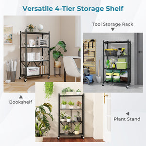 4-Tier Foldable Storage Shelf Collapsible Storage Rack with Lockable Wheels-Black view 6