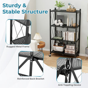4-Tier Foldable Storage Shelf Collapsible Storage Rack with Lockable Wheels-Black view 7