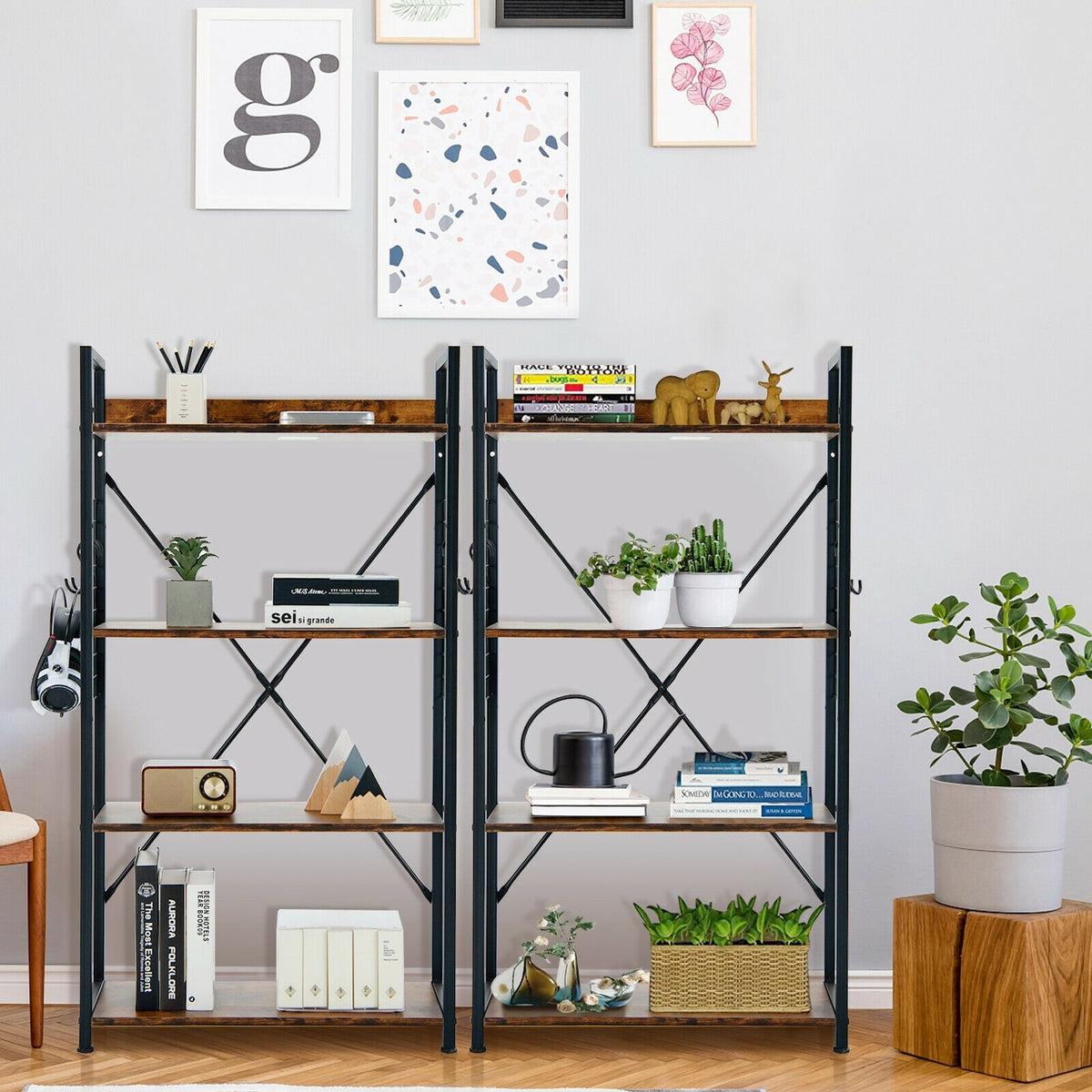 4 -Tier Industrial Open Storage Bookshelf-Rustic Brown view 2