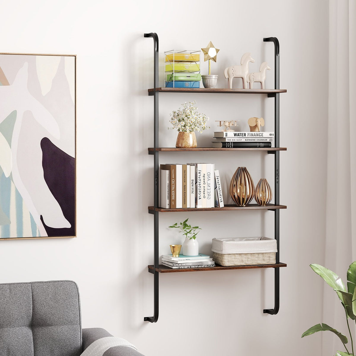4-Tier Industrial Pipe Shelving with Metal Frame for Living Room Kitchen-Rustic Brown view 2