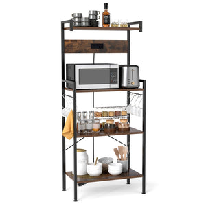 4-Tier Kitchen Bakers Rack with Power Outlet and 8 Hooks-Rustic Brown view 4