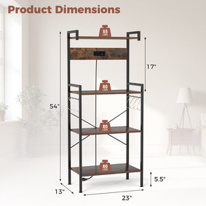 4-Tier Kitchen Bakers Rack with Power Outlet and 8 Hooks-Rustic Brown view 5
