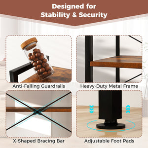 4-Tier Kitchen Bakers Rack with Power Outlet and 8 Hooks-Rustic Brown view 9