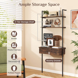 4-Tier Ladder Bookshelf with Drawer and Metal Frame for Living Room-Rustic Brown view 6