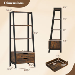 4-Tier Ladder Shelf with 2 Drawers 52.5 Inch Tall Freestanding Bookcase-Rustic Brown view 5