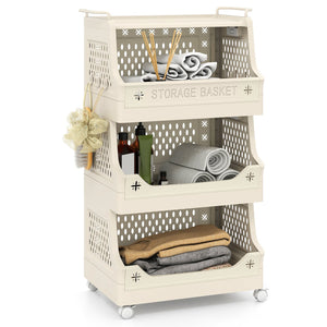 4-Tier Rolling Laundry Basket with Wheels Plastic Storage Cart with Side Hooks view 4