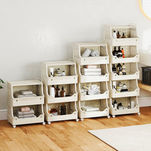 4-Tier Rolling Laundry Basket with Wheels Plastic Storage Cart with Side Hooks view 6