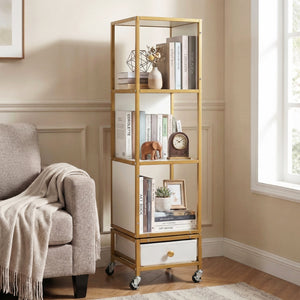 4-Tier Rotating Bookshelf on Wheels with Removable Drawer-White view 2