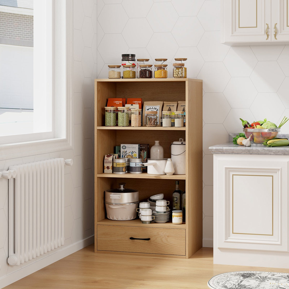 4-Tier Storage Bookcase with Open Shelves Drawer and Anti-toppling Device-Natural view 2