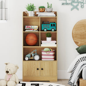 4 Tiers Bookshelf with 4 Cubes Display Shelf and 2 Doors-Natural view 3