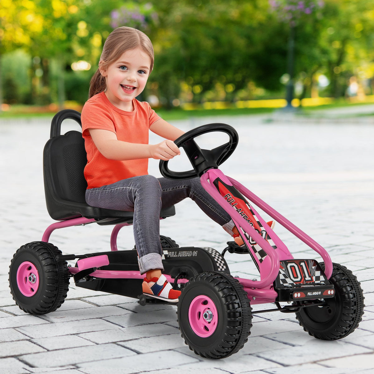 4 Wheel Pedal Powered Ride On Car with Adjustable Seat-Pink view 2