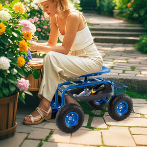 4-Wheel Rolling Garden Cart Work Seat-Blue view 2