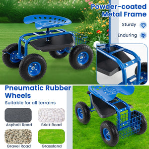 4-Wheel Rolling Garden Cart Work Seat-Blue view 6