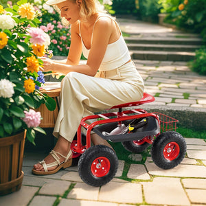 4-Wheel Rolling Garden Cart Work Seat-Red view 2