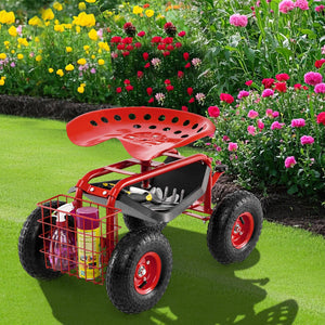 4-Wheel Rolling Garden Cart Work Seat-Red view 3