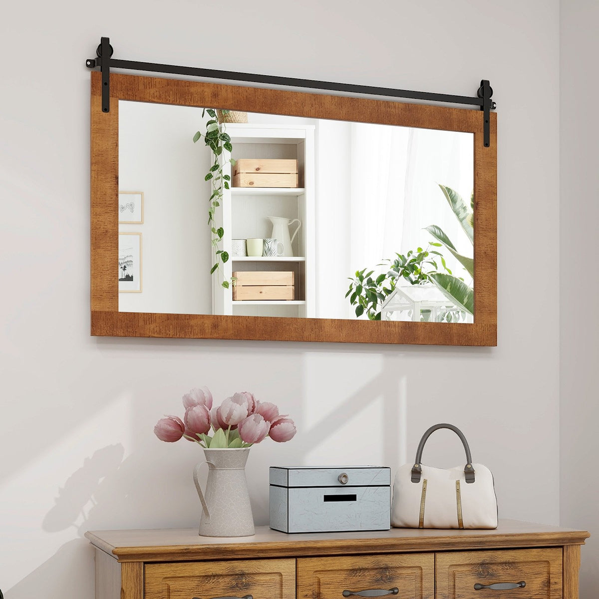 40 Inch x 26 Inch Rectangle Barn Door Style Wall Mounted Mirror with Solid Wood Frame and Metal Bracket-Brown view 2