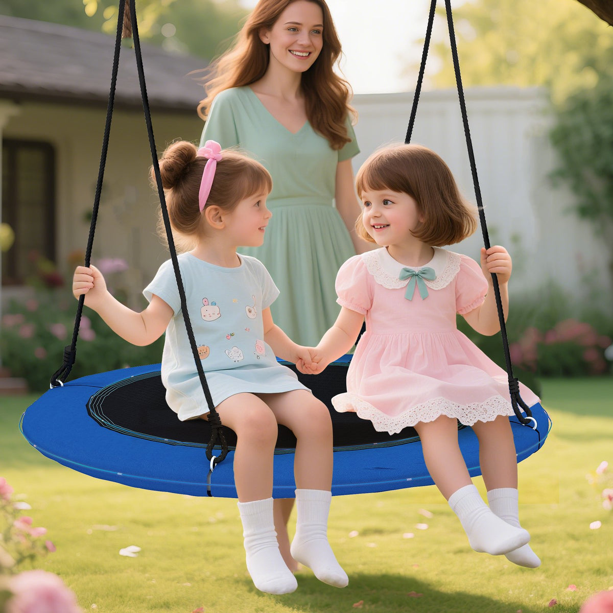 40 Inches Saucer Tree Swing Round with Lights for Kids and Adults-Blue view 2