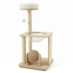 40 inches Solid Wood Cat Tree with Space Capsule & Sisal Posts and Scratching Board-Natural