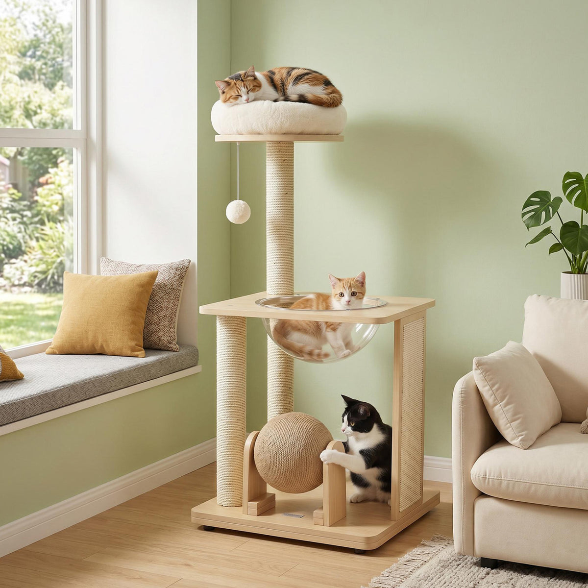 40 inches Solid Wood Cat Tree with Space Capsule & Sisal Posts and Scratching Board-Natural view 2