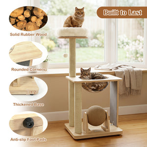 40 inches Solid Wood Cat Tree with Space Capsule & Sisal Posts and Scratching Board-Natural view 9