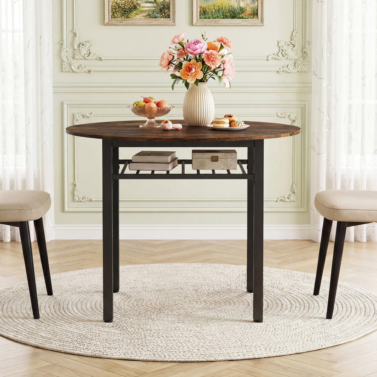 40” Round Kitchen Table with Storage Shelf and Metal Frame for 4 People-Rustic Brown view 2
