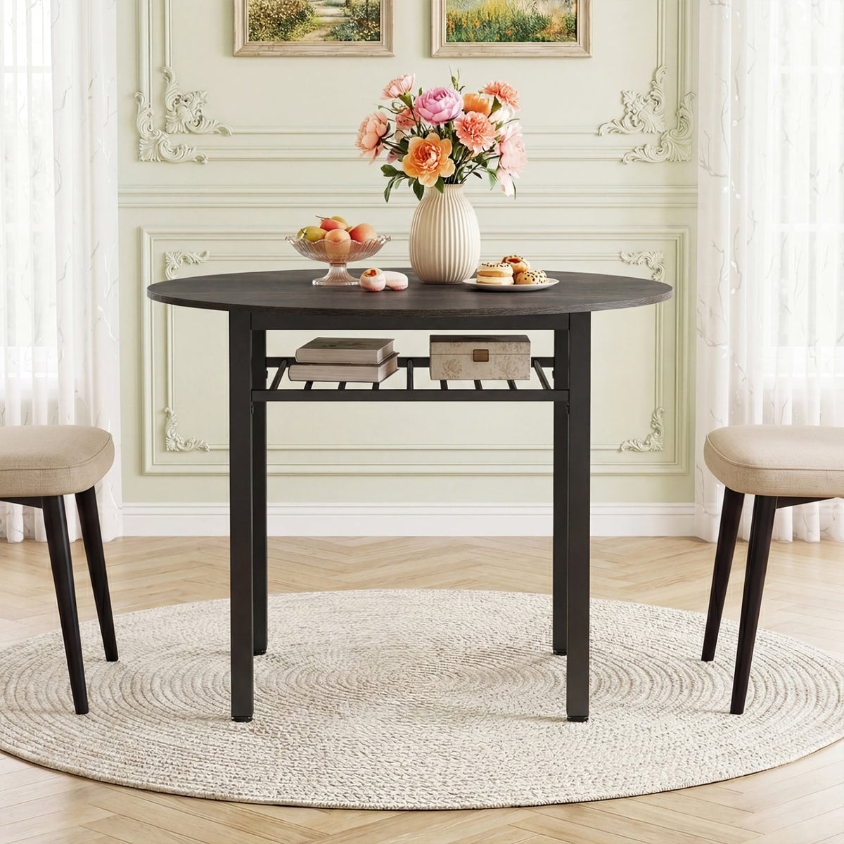 40” Round Kitchen Table with Storage Shelf and Metal Frame for 4 People-Gray view 2