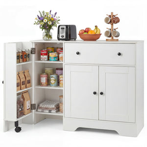 41.5” Modern Coffee Bar Cabinet with 3 Doors and Rolling Wheel-White