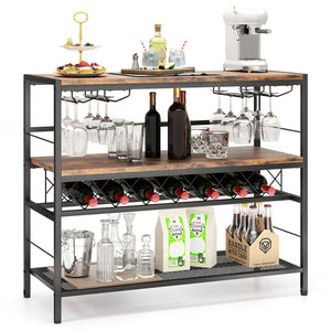 41 Inch 4-Tier Bar Table with Wine Rack and 4 Rows of Glass Holders-Rustic Brown view 4