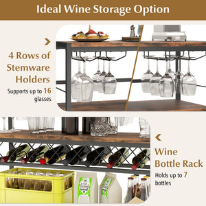 41 Inch 4-Tier Bar Table with Wine Rack and 4 Rows of Glass Holders-Rustic Brown view 7