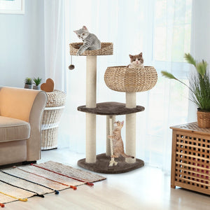 41 Inch Rattan Cat Tree with Napping Perch-Beige view 3
