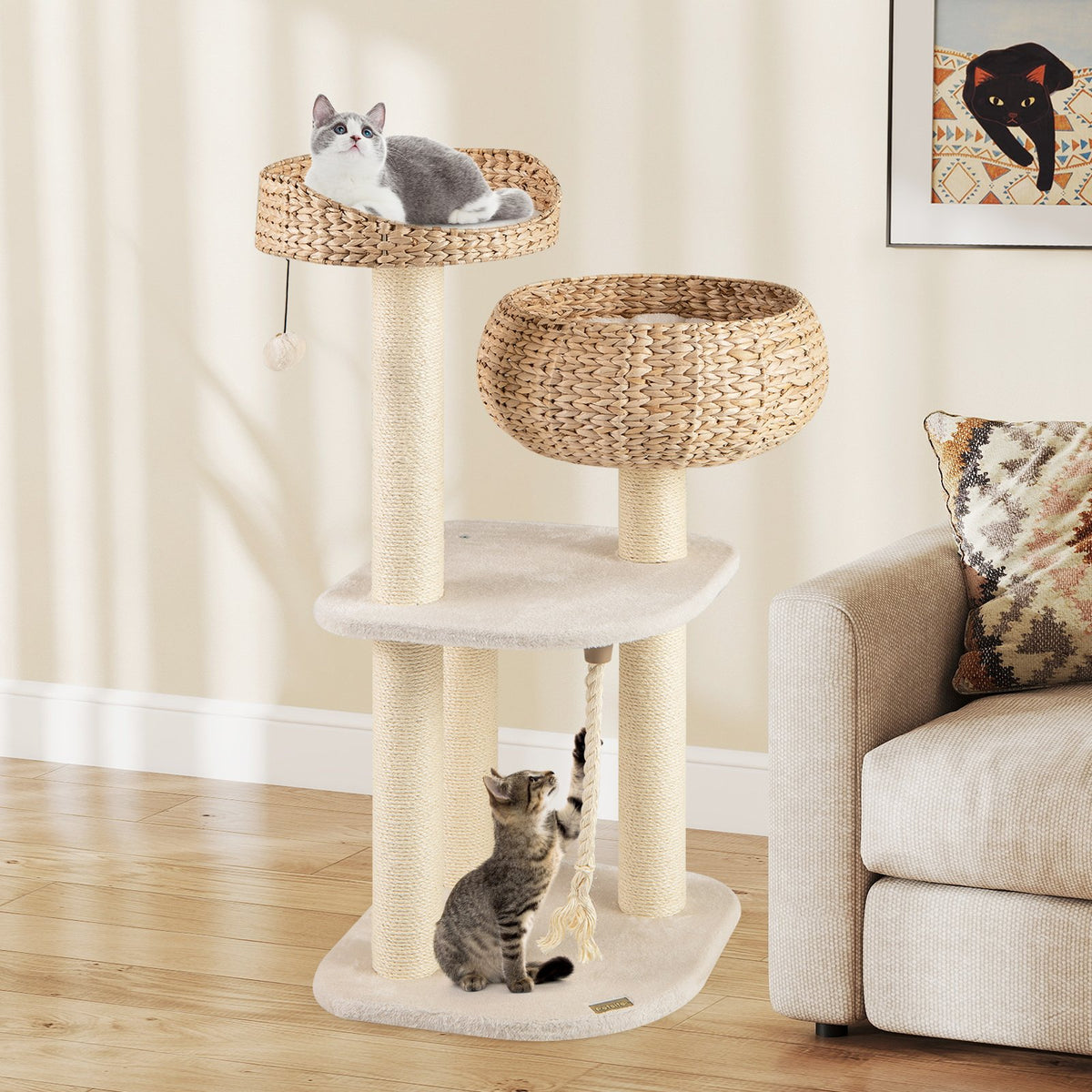41 Inch Rattan Cat Tree with Napping Perch-White view 2