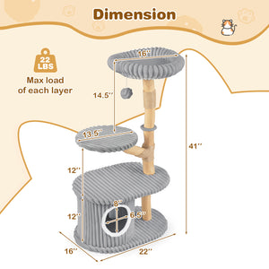 41 Inch Tall Modern Cat Tower with Real Wood Branches, Scratching Posts for Indoor-Gray view 5
