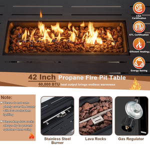 42 Inch 60 000 BTU Rectangular Propane Fire Pit Table with Waterproof Cover view 8