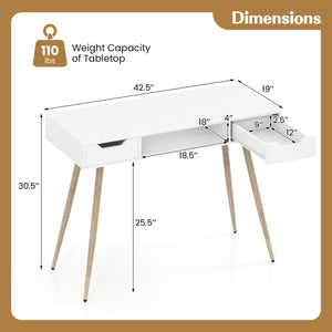42.5 inches Mid Century Modern Writing Desk with Metal Leg and Drawers-White view 5
