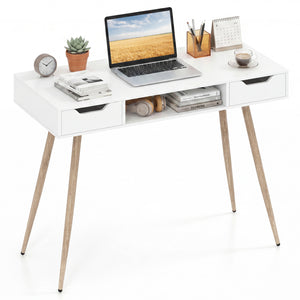 42.5 inches Mid Century Modern Writing Desk with Metal Leg and Drawers-White