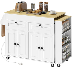 Kitchen Island with Sliding Expandable Top, Rolling Kitchen Cart with Drawers, Cabinets & Spice Rack, White