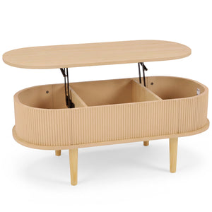 43.5 inches Oval Lift Top Coffee Table with Storage and Fluted Design for Living Room-Natural