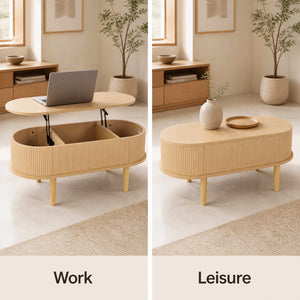 43.5 inches Oval Lift Top Coffee Table with Storage and Fluted Design for Living Room-Natural view 7