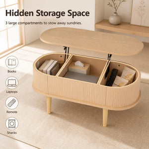 43.5 inches Oval Lift Top Coffee Table with Storage and Fluted Design for Living Room-Natural view 9