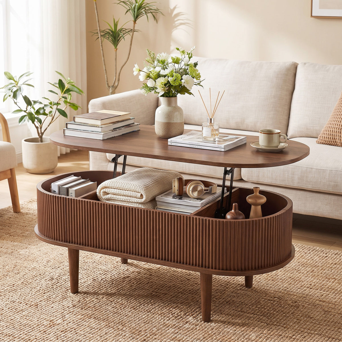 43.5 inches Oval Lift Top Coffee Table with Storage and Fluted Design for Living Room-Walnut view 2