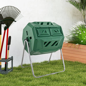 43 Gallon Rotating Compost Bin Barrel with Dual Chamber and Sliding Doors-Green view 2