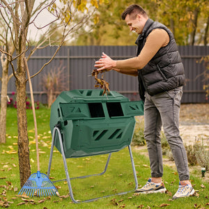 43 Gallon Rotating Compost Bin Barrel with Dual Chamber and Sliding Doors-Green view 6
