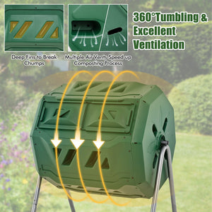 43 Gallon Rotating Compost Bin Barrel with Dual Chamber and Sliding Doors-Green view 8
