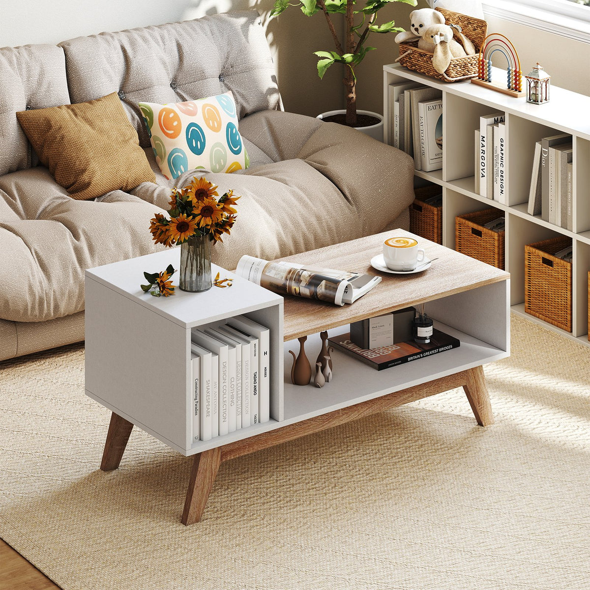 43 Inch Coffee Table with Stepped Tabletop and Storage Compartments-White view 2