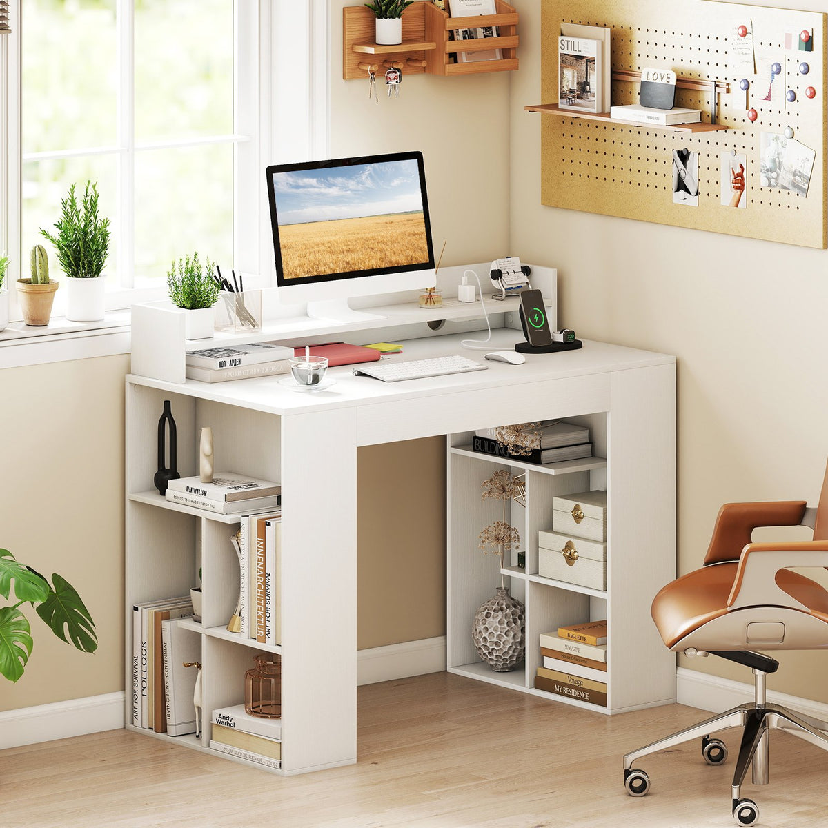 43 Inch Computer Desk with Power Outlets and 2 Bookcases-White view 2