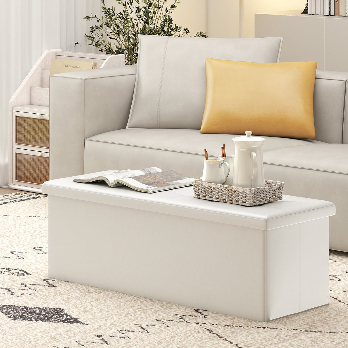 43 Inches Folding Storage Ottoman Bench Foot Rest Stool End of Bed Bench-White view 2
