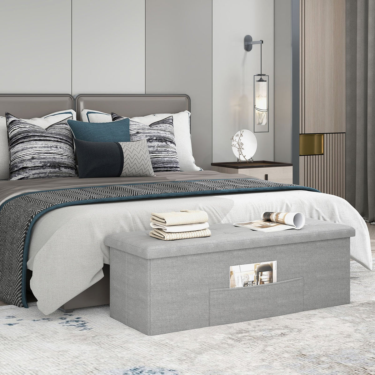 43 Inches Folding Storage Ottoman Bench Linen End of Bed Bench with Padded Seat-Light Gray view 2